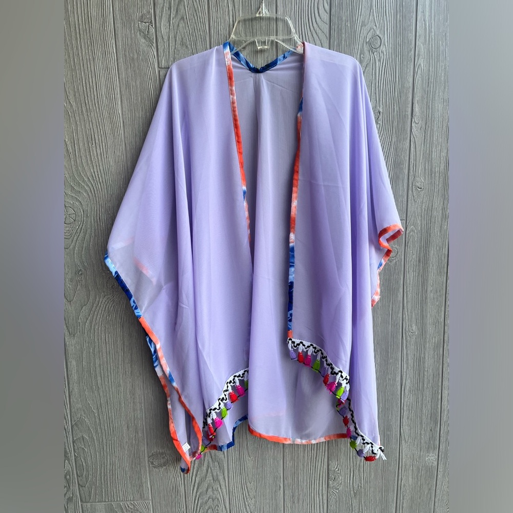 Lavender Beach Kimono Coverup Rainbow Tassel Fringe Boho Resort Swimwear Pom Pom